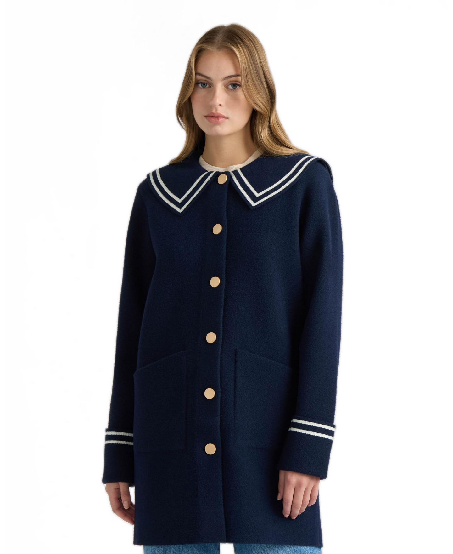 Женские куртки NVLT Mink Eyelash Sailor Collar Coatigan, цвет: Тёмно-синий — фото 1