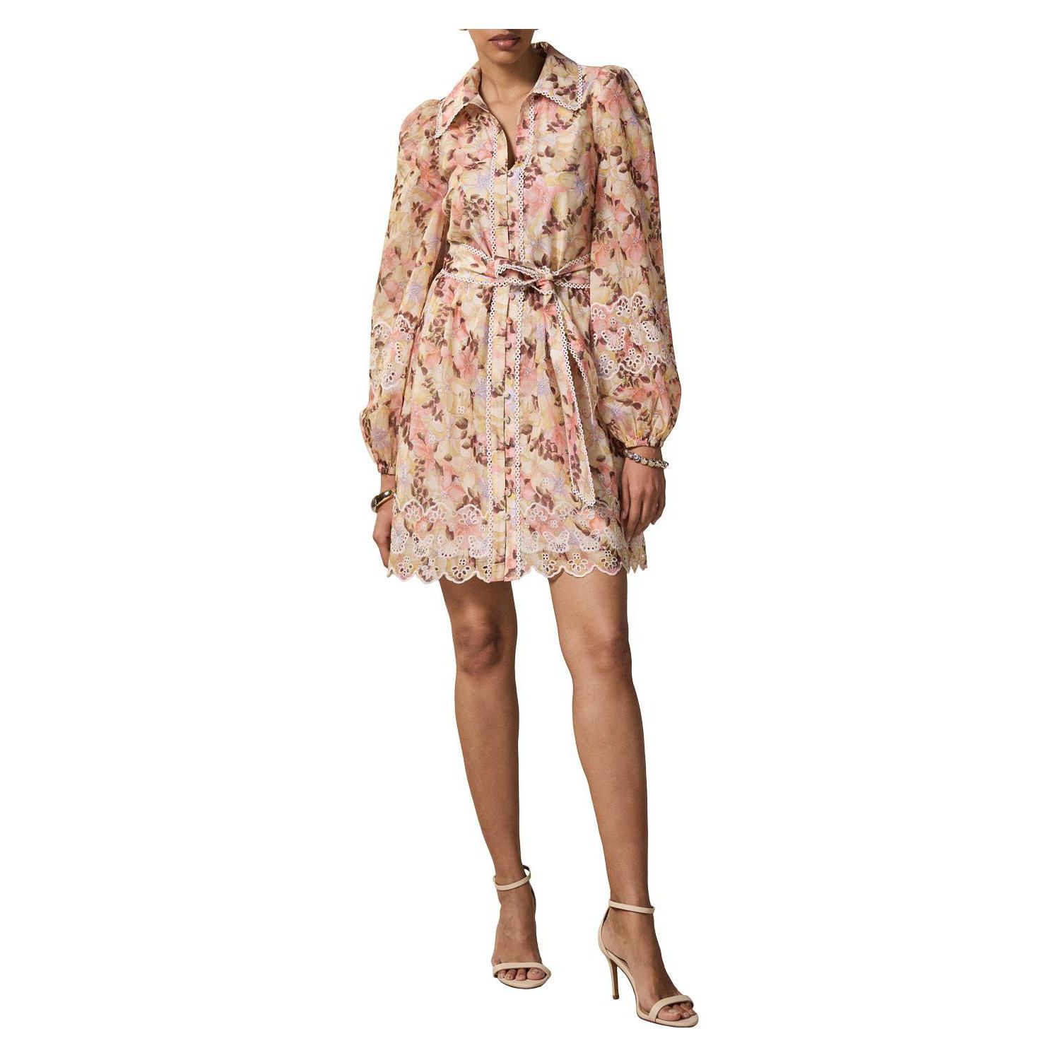 Women's Floral-Print Long-Sleeve Scallop Hemline Mini Dress