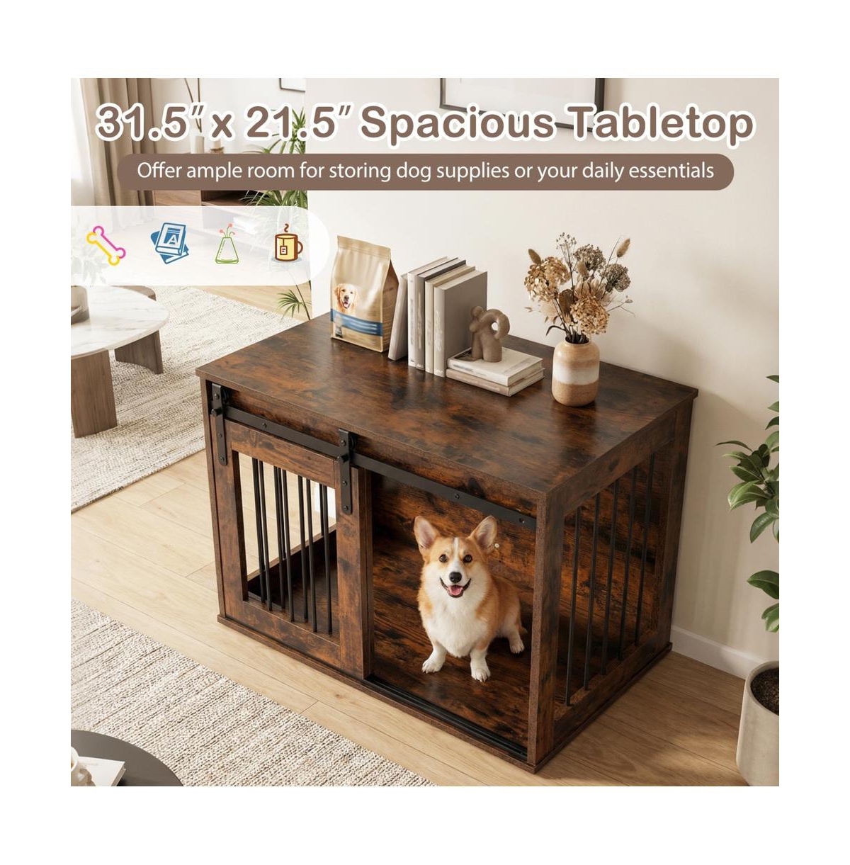 Ruie Dog Crate Furniture 31.5 in Wooden Pet Kennel End Table with Sliding Barn Door