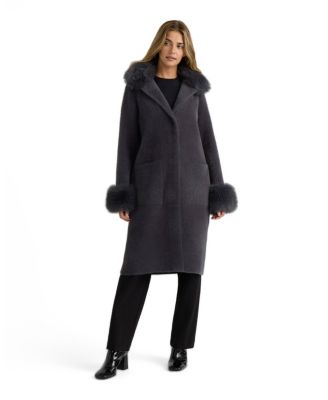Women's Longline Coatigan with Removable Faux Fur Collar and Cuffs