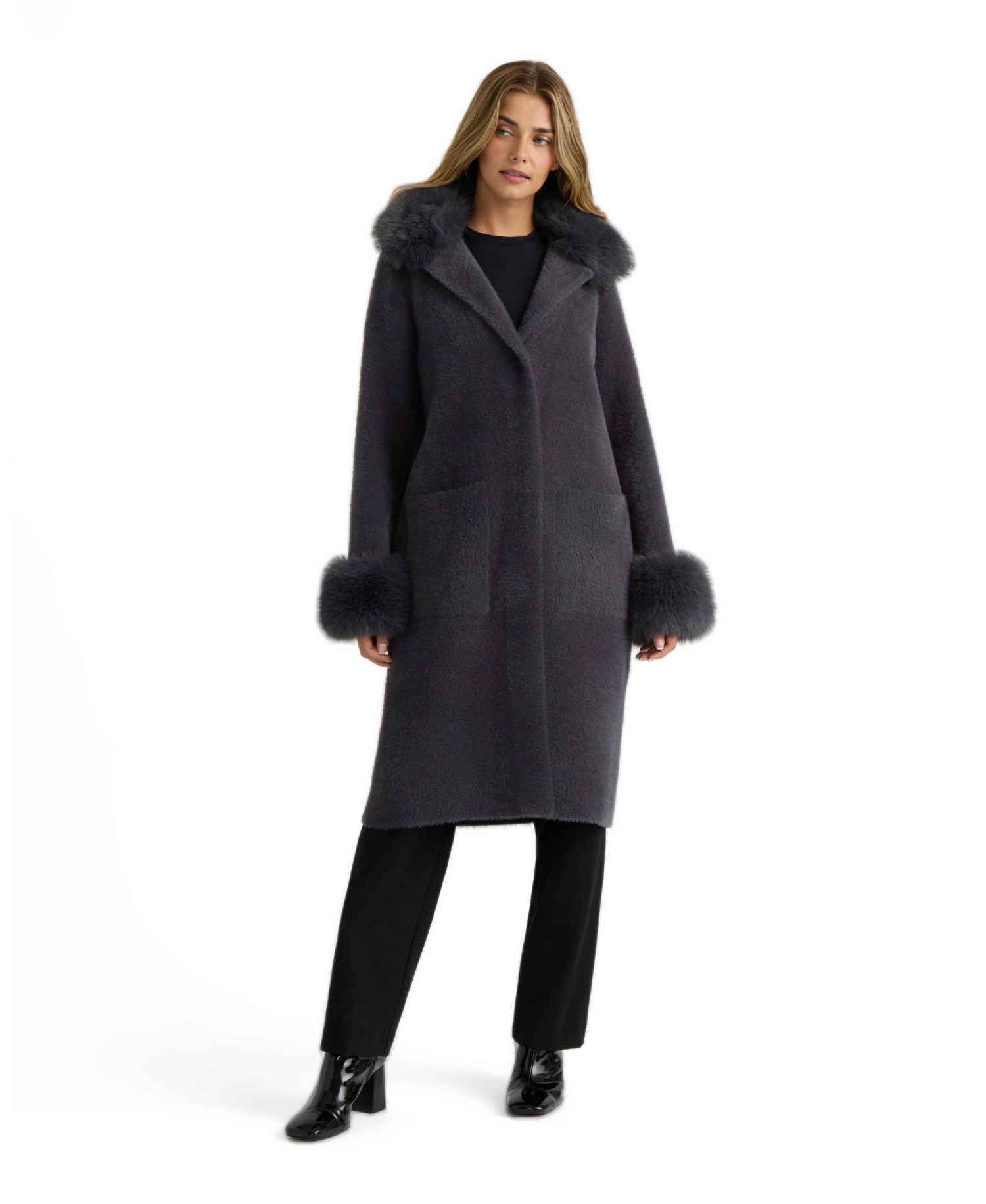 Women's Longline Coatigan with Removable Faux Fur Collar and Cuffs