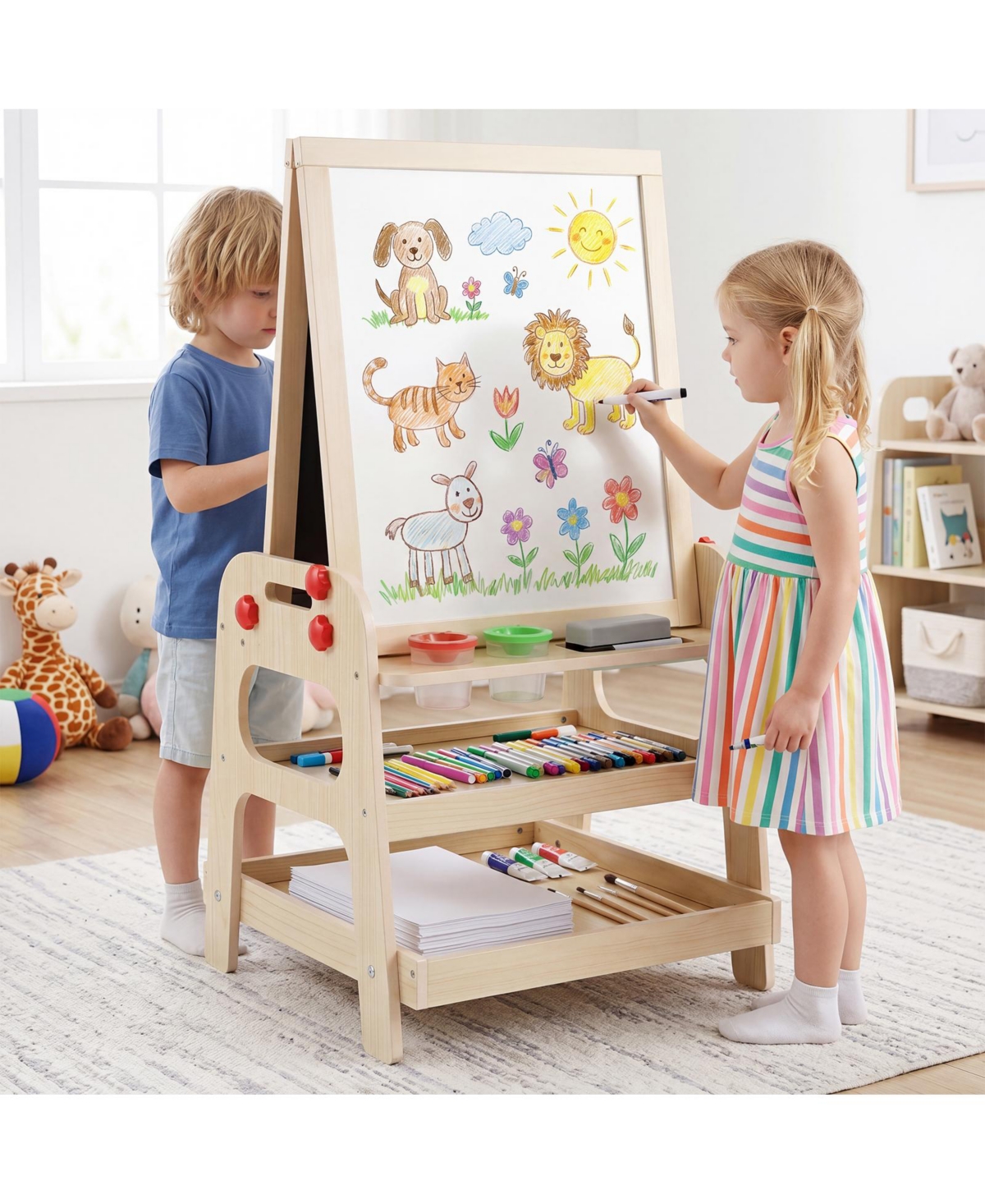 Gymax 2-in-1 Easel for Kids Wooden Art Easel with Magnetic board and Marble Run Game
