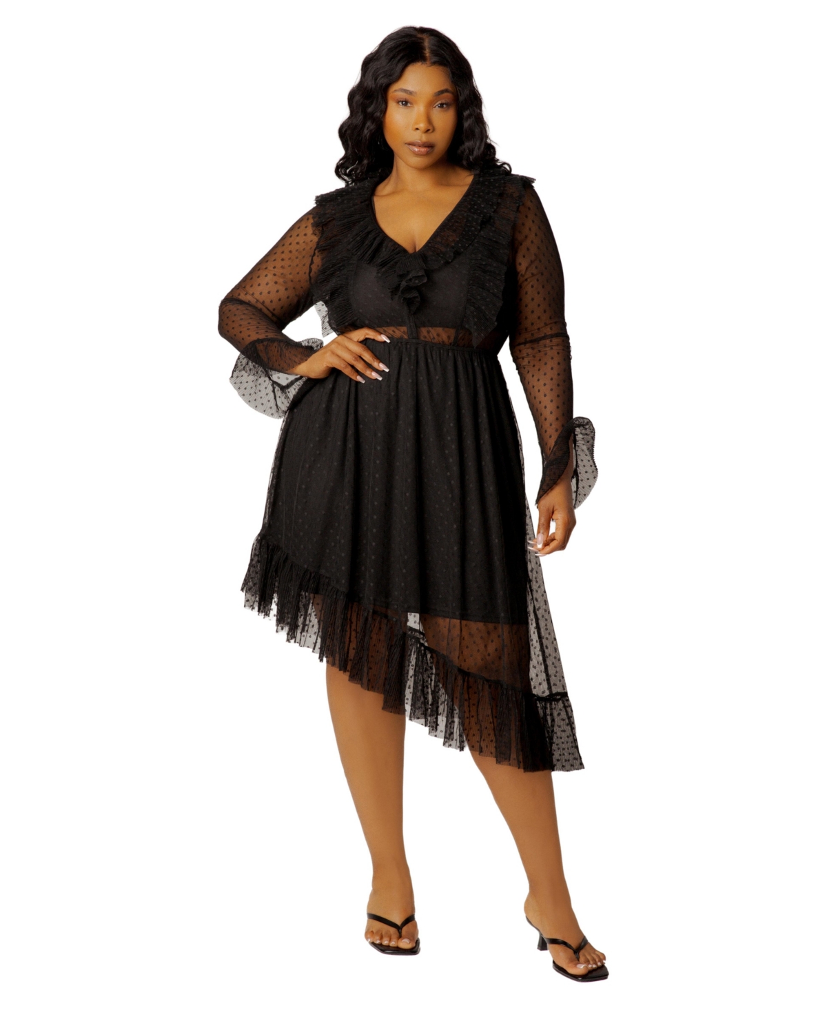 Buxom Couture Plus Asymmetrical Polka Dot Mesh Ruffle Dress
