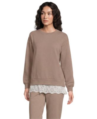 Women's Long Sleeve Serious Sweats Lace Hem Crew Neck Tunic Sweatshirt