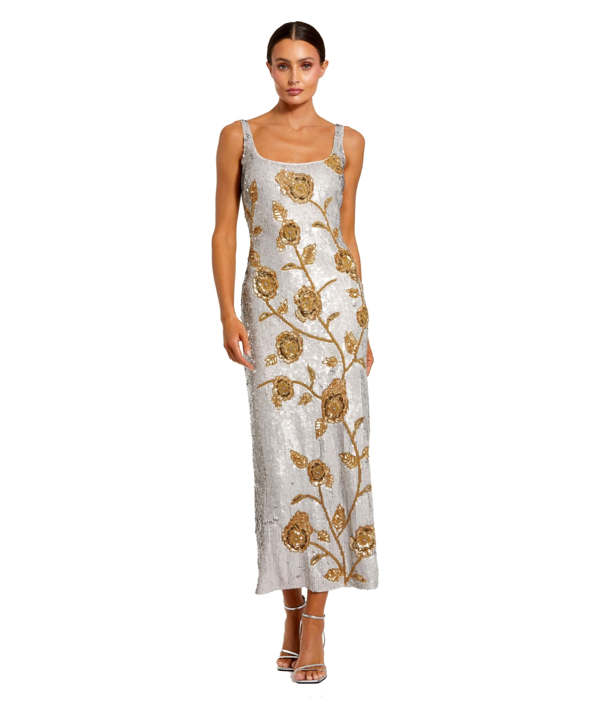 Mac Duggal - Silver Sleeveless Sequin Dress With Gold Floral Detail - Platinum Gold / US 4