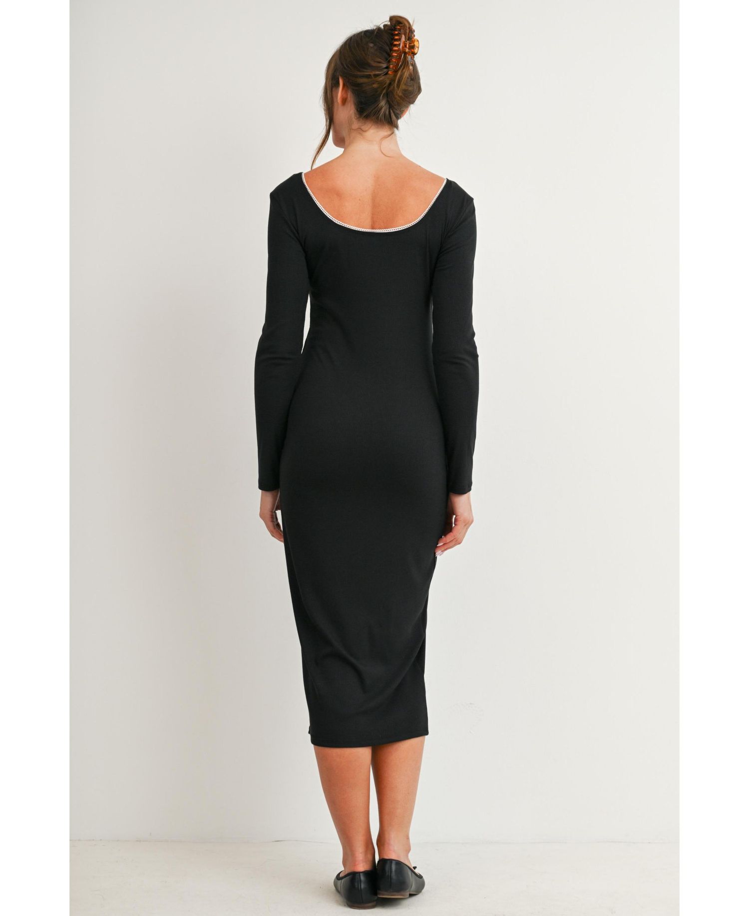 Maternity Bodycon Long-Sleeve Lace Trim Midi Dress