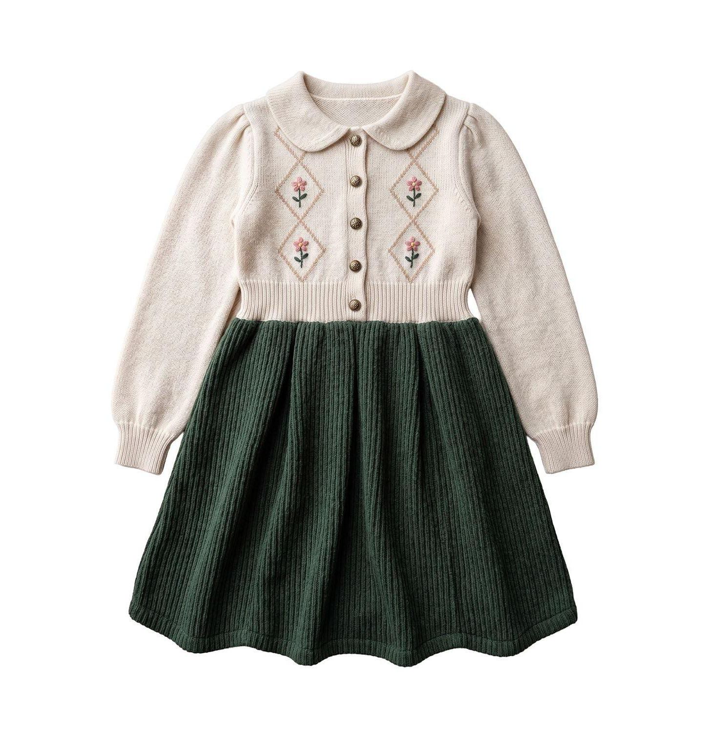 Платье Hope & Henry Organic Cotton Embroidered Peter Pan Collar Sweater Dress для девочек, цвет: Молочный / Зелёный — фото 1