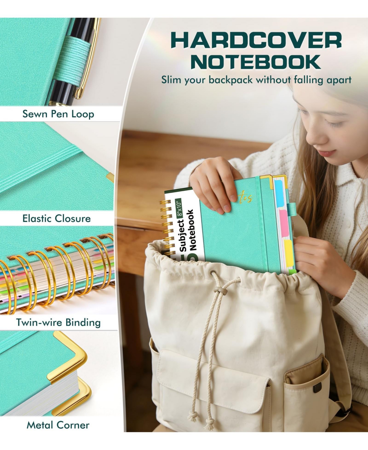 Danrong Leather Spiral Notebook 5 Subject Removable Dividers College Ruled 300 Pages