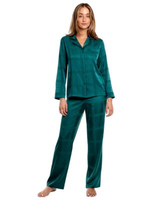 Women's Satin Plaid Long-Sleeve Top and Pants Pajama, 2-Piece Set