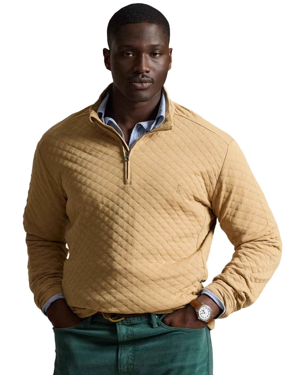 Polo Ralph Lauren Men's B&T Long Sleeve Quilted Double-Knit Jersey Pull-On Sweater - RL Khaki