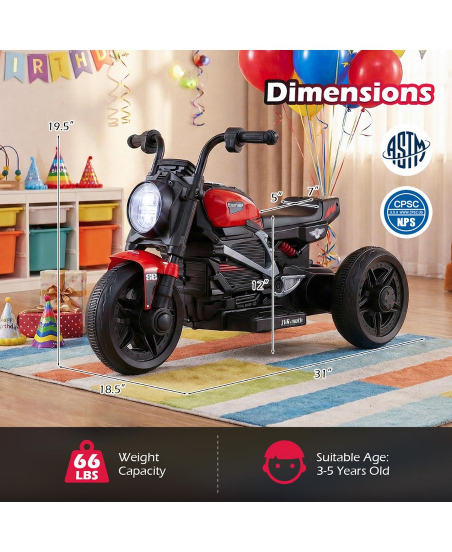 Детская игрушка SUGIFT 6V Toddler Electric Motorcycle 31" 3-Wheel with LED Headlight Ride-On Toy, Ages 3-5, цвет: Красный — фото 7