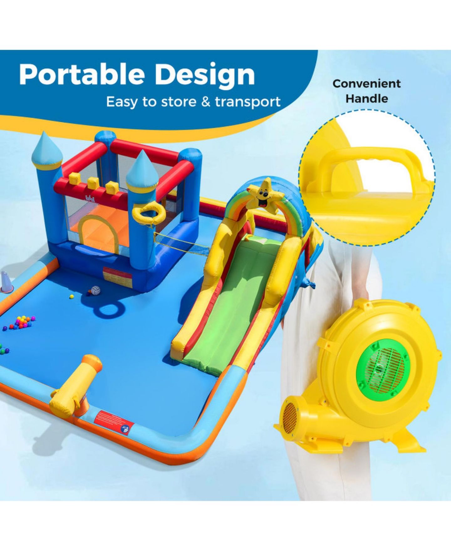 Детские фигурки SUGIFT 980W Portable Bounce House Blower 1550 CFM Air Pump Fan with Carry Handle and Ground Stakes, цвет: Жёлтый — фото 9
