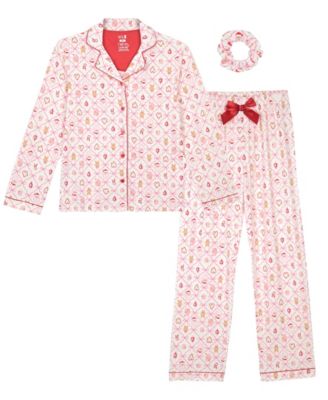 Girls' 5-16 Milky Print Long-Sleeve Button-Down Top, Pants and Scrunchie, 3-Piece Set