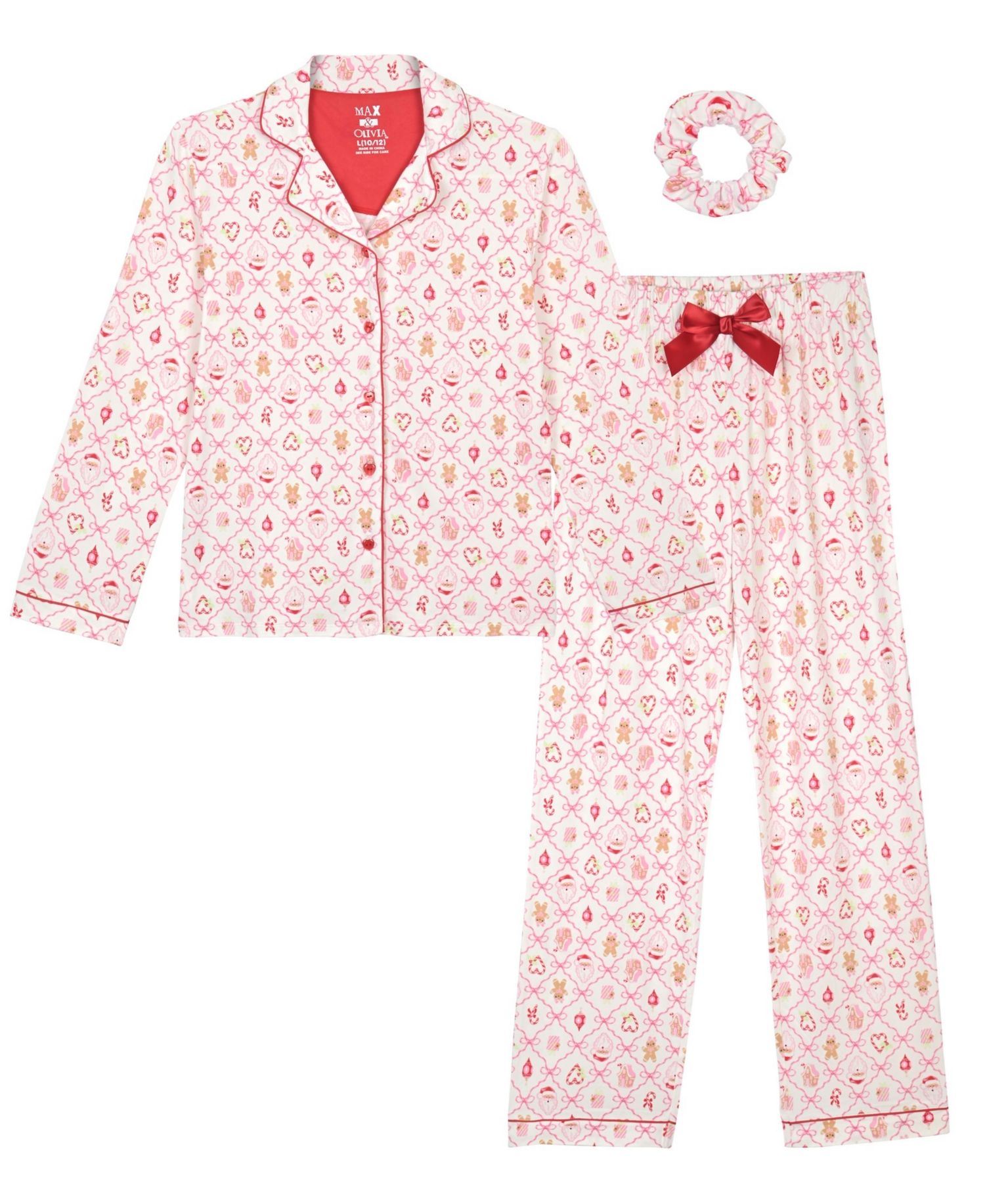 Girls' 5-16 Milky Print Long-Sleeve Button-Down Top, Pants and Scrunchie, 3-Piece Set