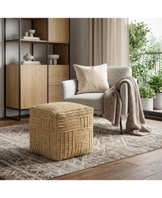18 Inch Jute Blend Cube Striped Pouf Ottoman