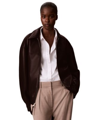 Women's Collared Faux Leather Bomber Jacket