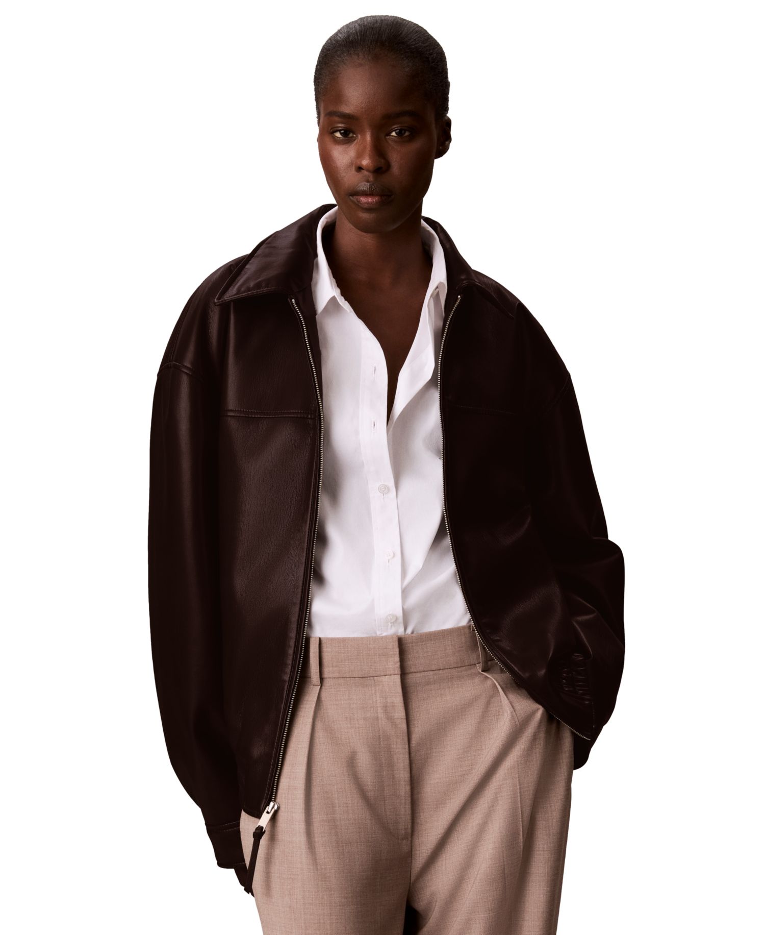 Women's Collared Faux Leather Bomber Jacket