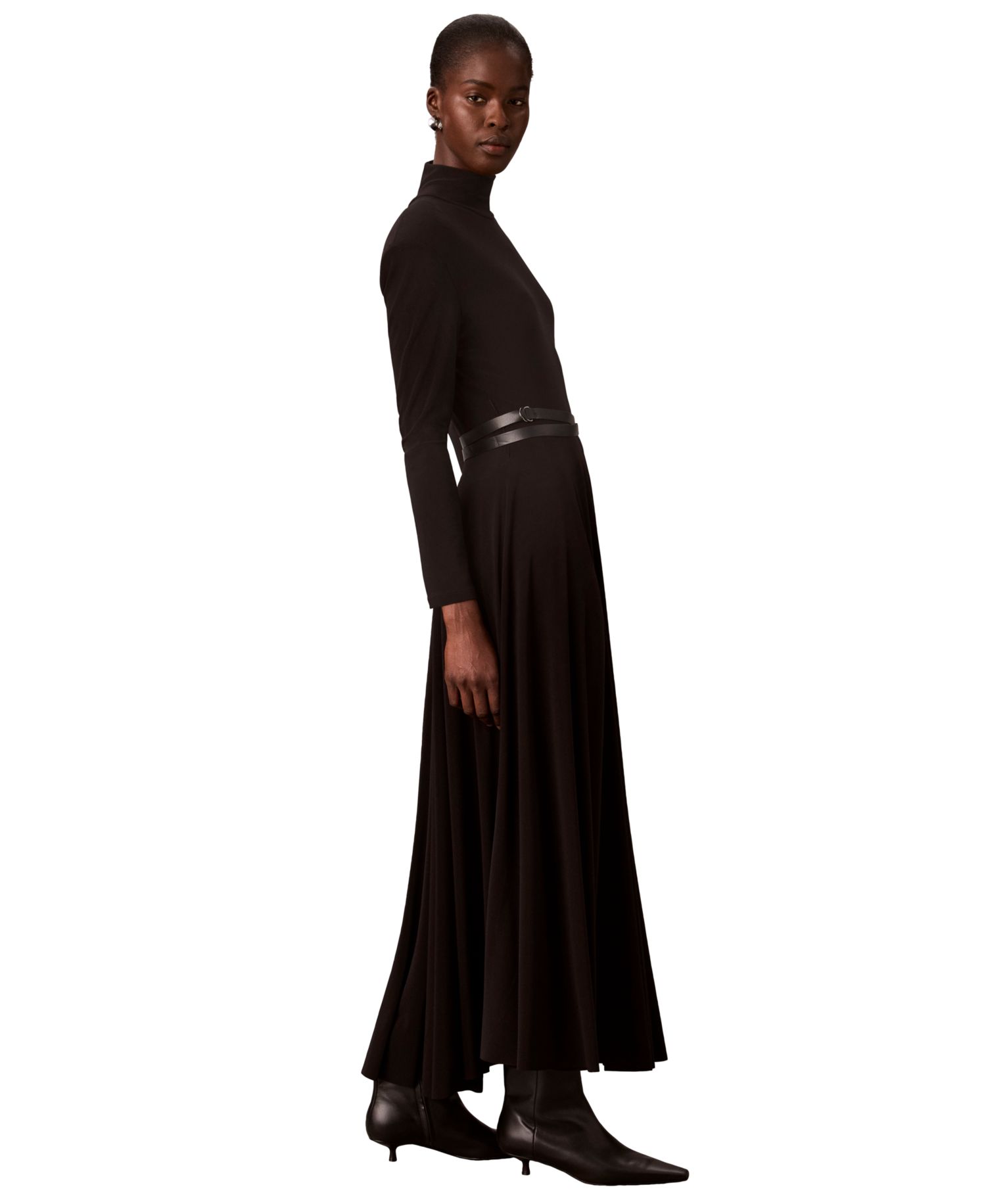 Petite Belted Long-Sleeve Turtleneck A-Line Dress