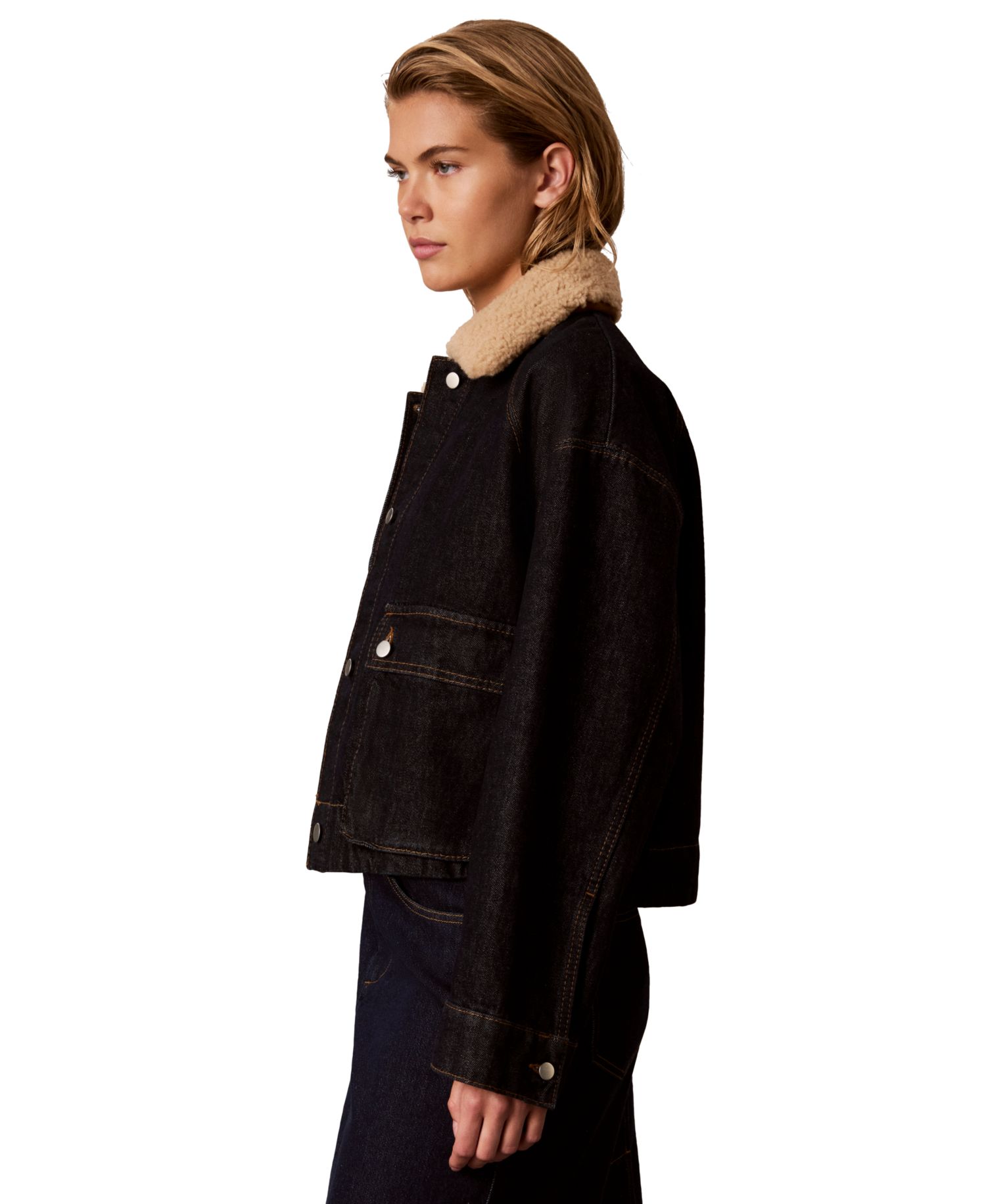Women's Cropped Shearling-Collar Denim Jacket
