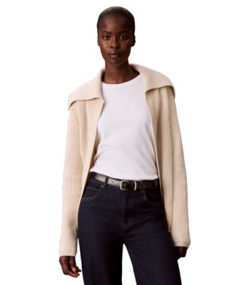 Women's Open-Front Collared Wool-Blend Cardigan Sweater