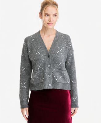 Women's Rhinestone Argyle V-Neck Long-Sleeve Cardigan