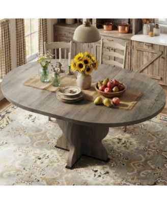 Extendable Dining Table for 4 8, Farmhouse Round Oval Wooden Kitchen Table with Wavy Pedestal Base for Kitchen, Dining Room, Apartment