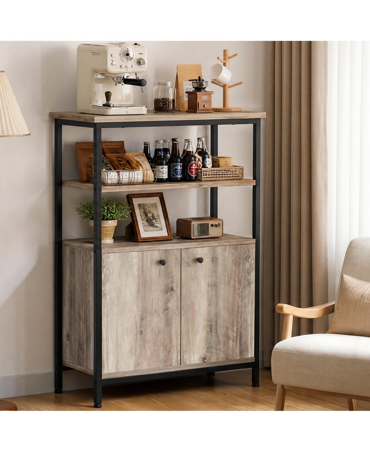 gaomon Farmhouse Sideboard Cabinet, Freestanding Coffee Bar Station with Open Shelves, Storage Cabinet for Kitchen Dining Entryway Living Room