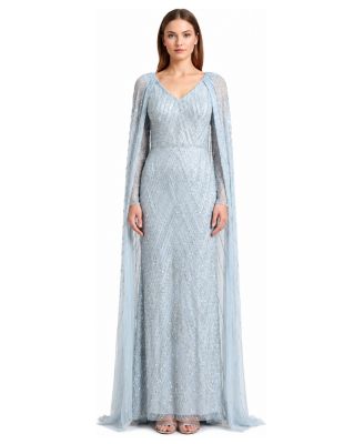 Women's V-Neck Beaded Dress with Long Cape