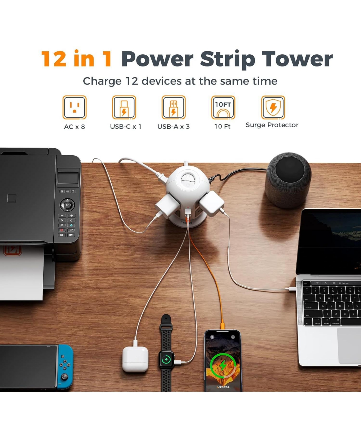 Tessan Tower Power Strip 8 Ac Outlets, 4 Usb Ports (Usb-c), 10-Foot Cord for North American Plugs