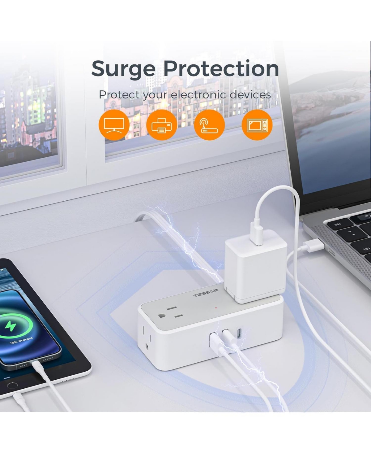 Tessan 5-Foot Surge Protection Power Strip with 4 Ac Outlets and 3 Usb Ports for Compatible North American Plugs
