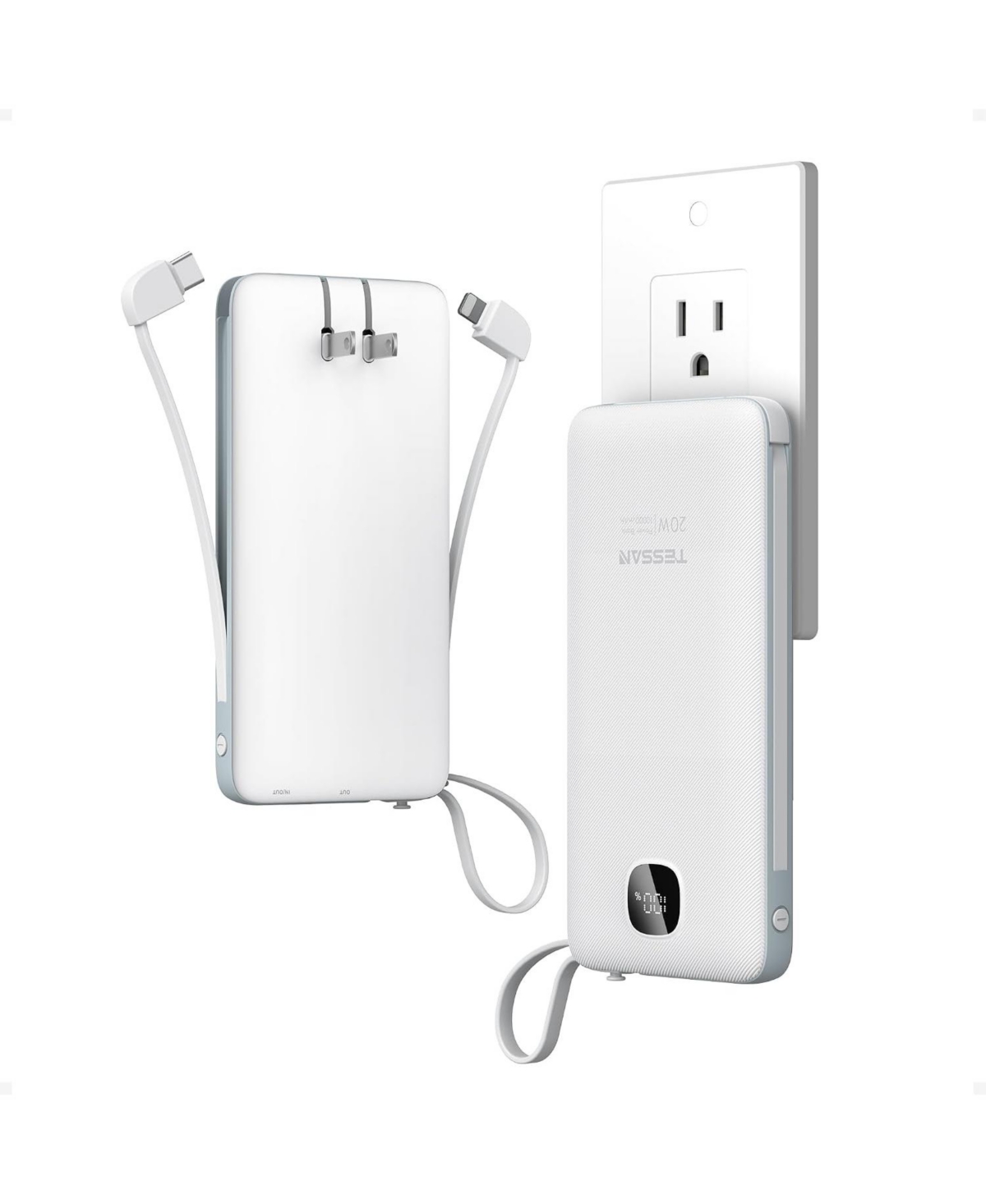 Tessan 10000mAh Portable Charger with Built-In Cables and 20W Pd for Compatible Devices