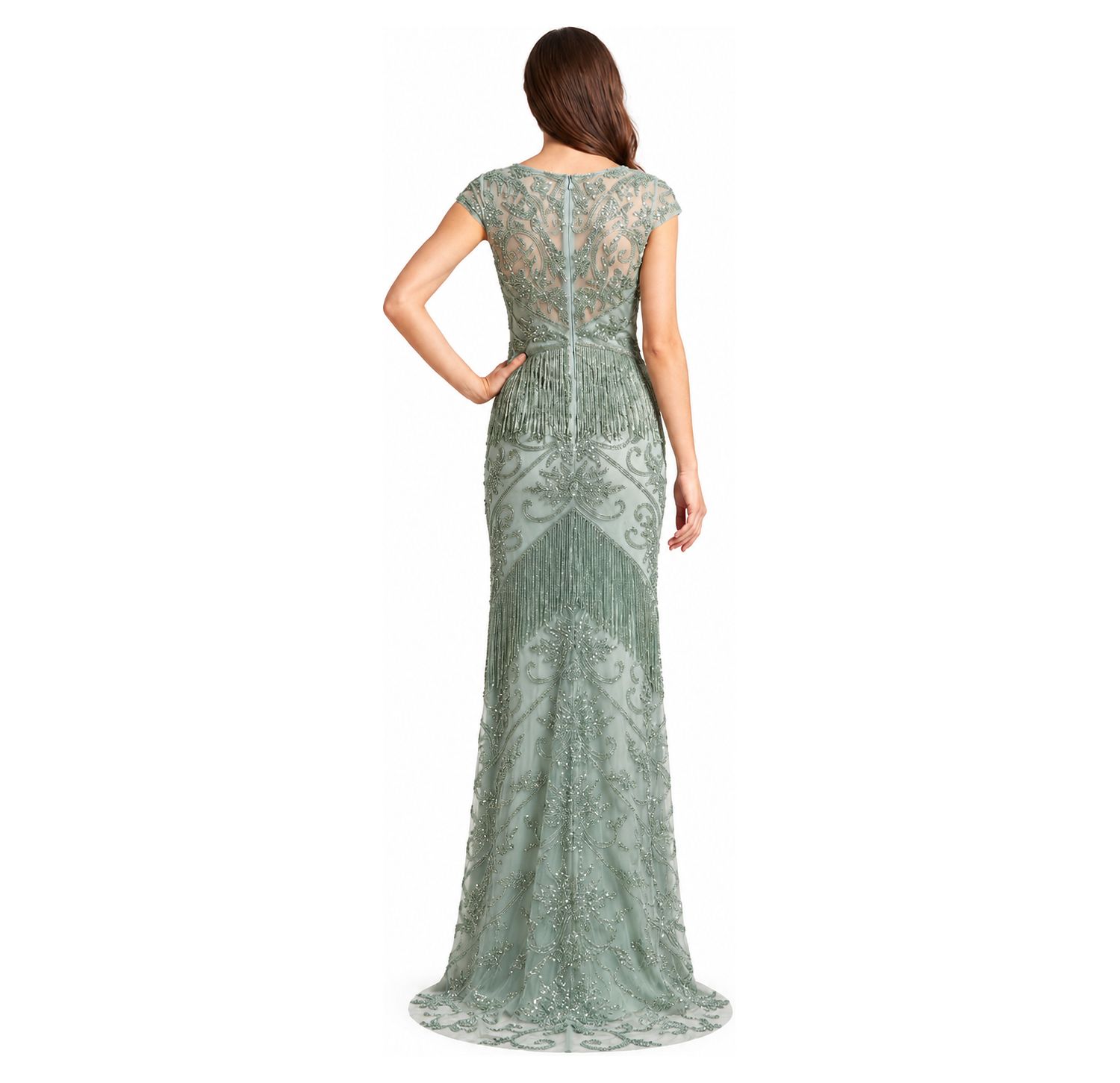 Plus Size Cap-Sleeve Beaded Fringe Gown