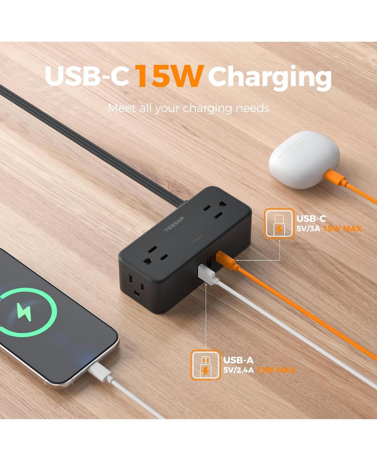 Tessan 5-Foot Surge Protection Power Strip with 4 Ac Outlets and 3 Usb Ports, Compatible with North American Plugs