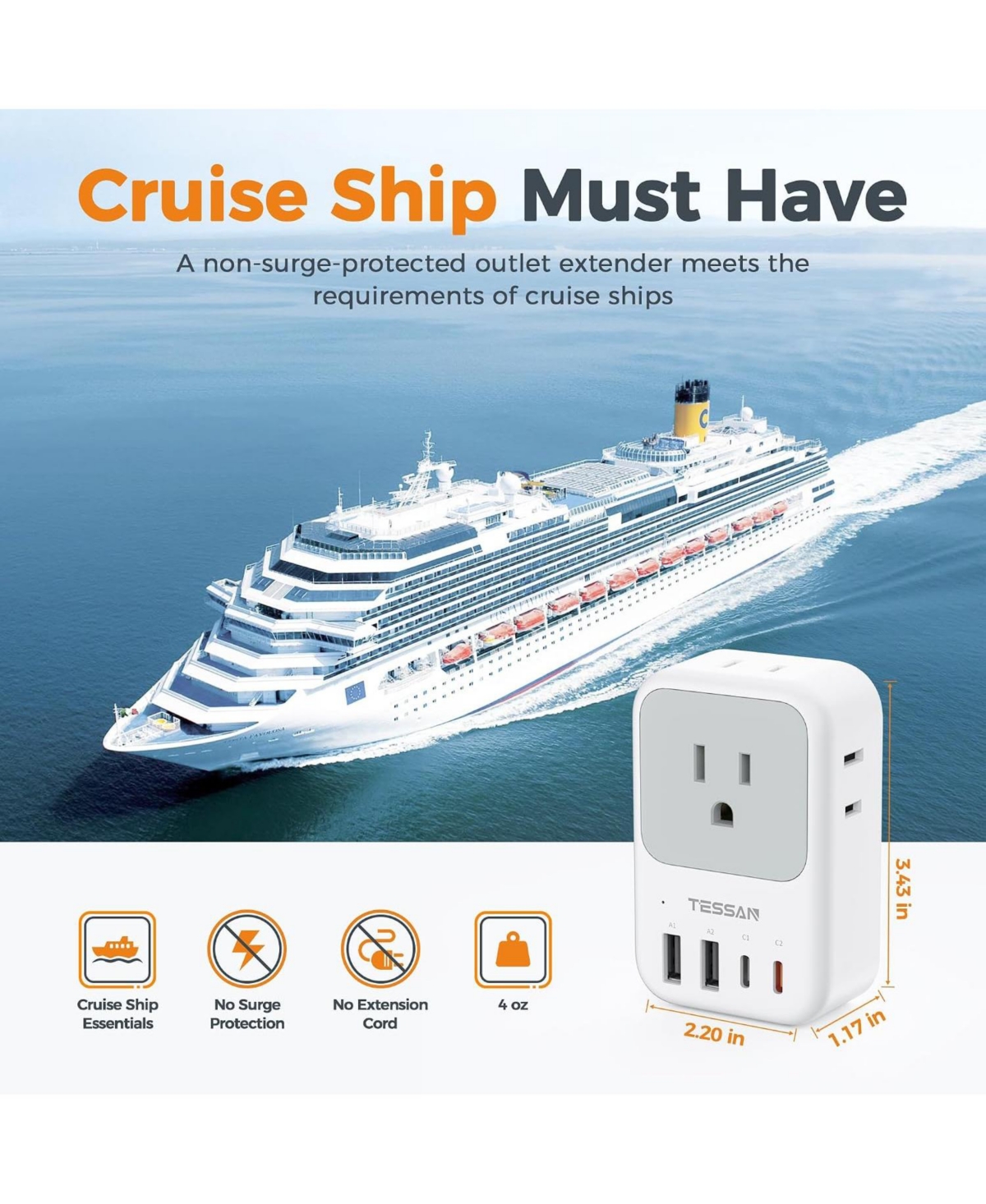 Tessan 20W Usb-c Foldable Wall Charger with Ac Outlets and Usb Ports for Compatible Devices