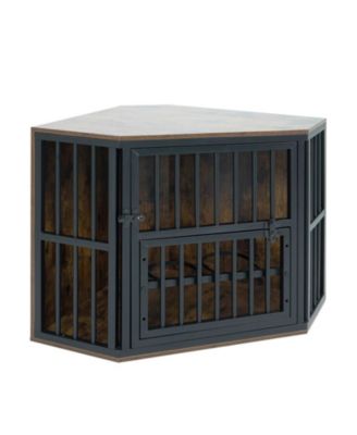 35.5 in Wooden Dog Kennel End Table with 3-Position Dog Bowl Rack