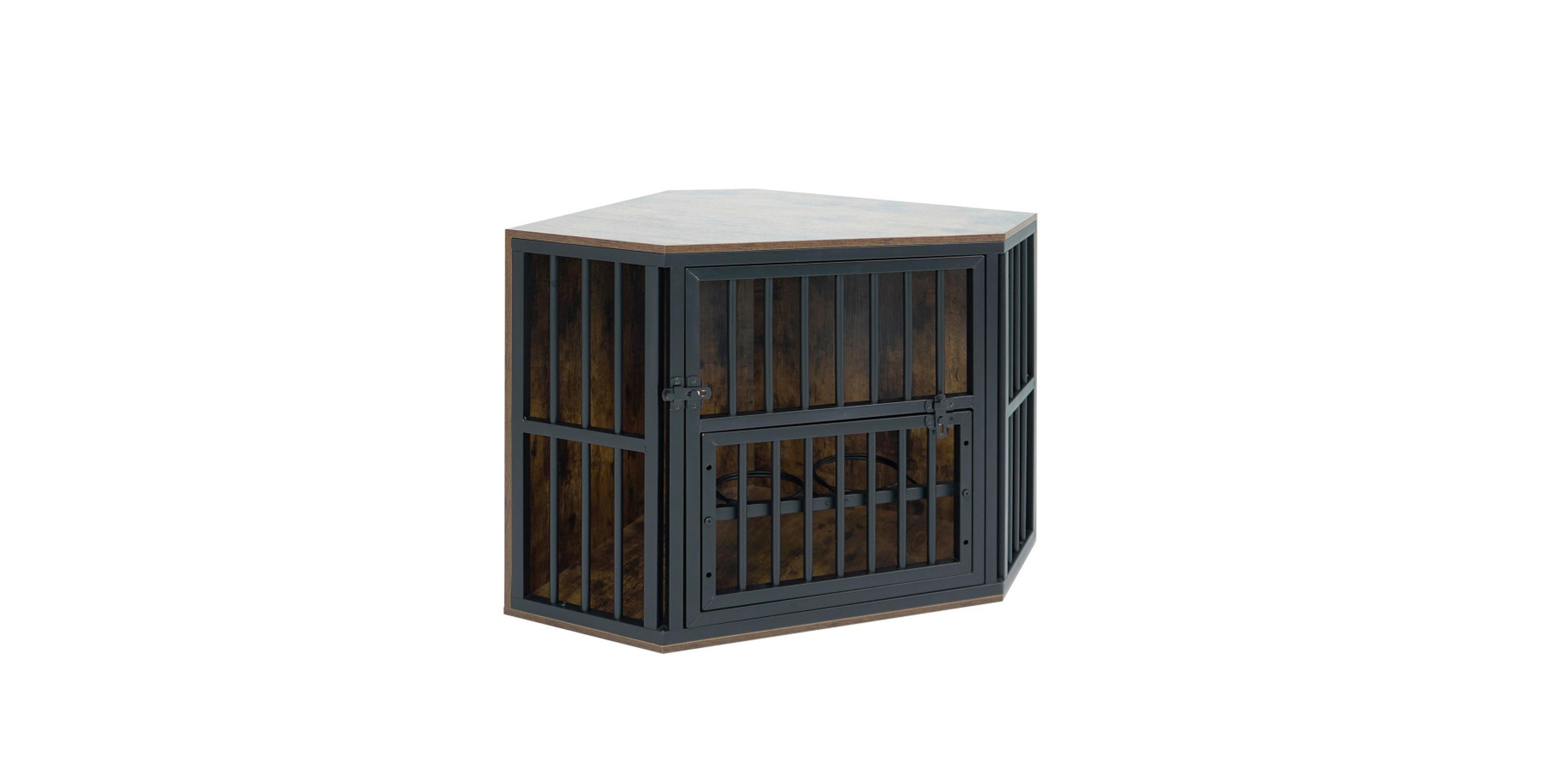 Sugift 35.5 in Wooden Dog Kennel End Table with 3-Position Dog Bowl Rack