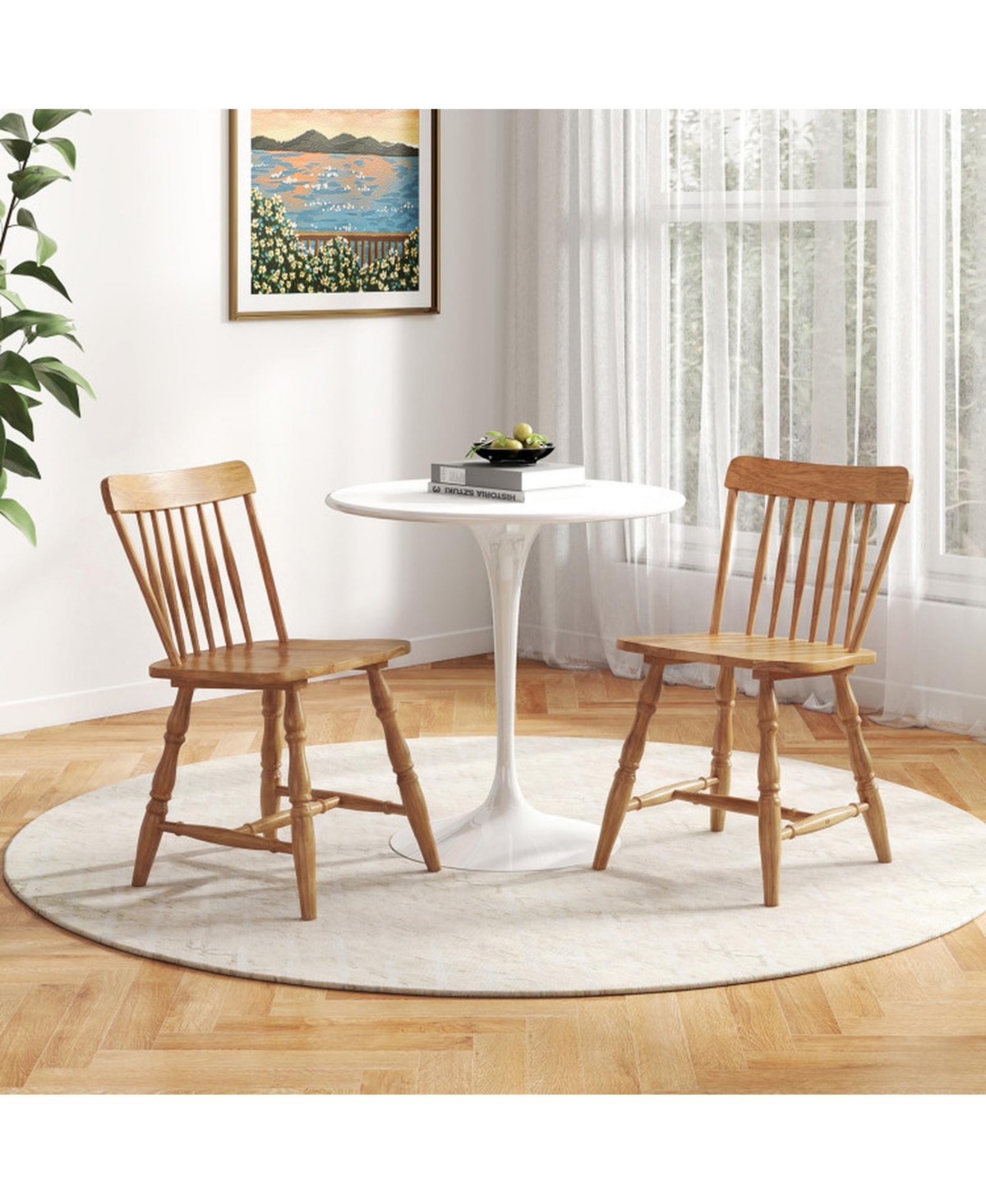 Sugift Set of 2 Windsor Dining Chairs with Curved Spindle Back Rubber Wood