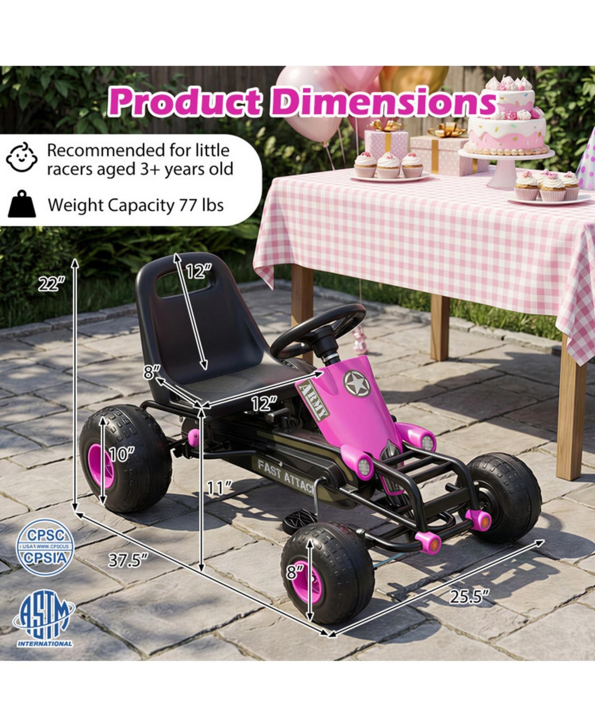 Sugift Pedal Go Kart with Adjustable Seat and Metal Frame, 77 lb. Capacity, Ages 3+