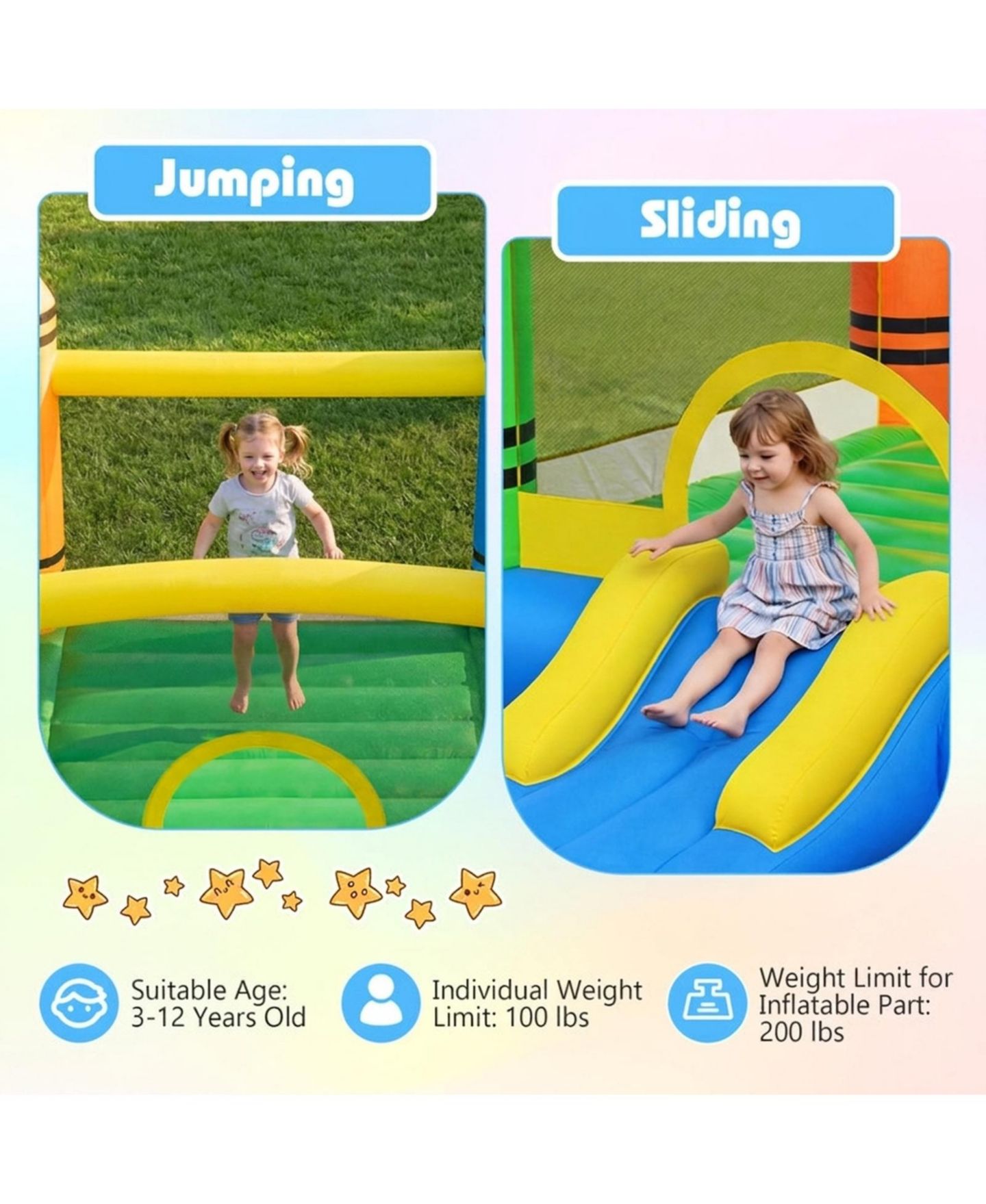 Детская игрушка HONGGE 2-in-1 Crayon Themed Inflatable Bounce House, Accommodates Up to 2 Children, Ages 3-12, цвет: Синий / Жёлтый — фото 7