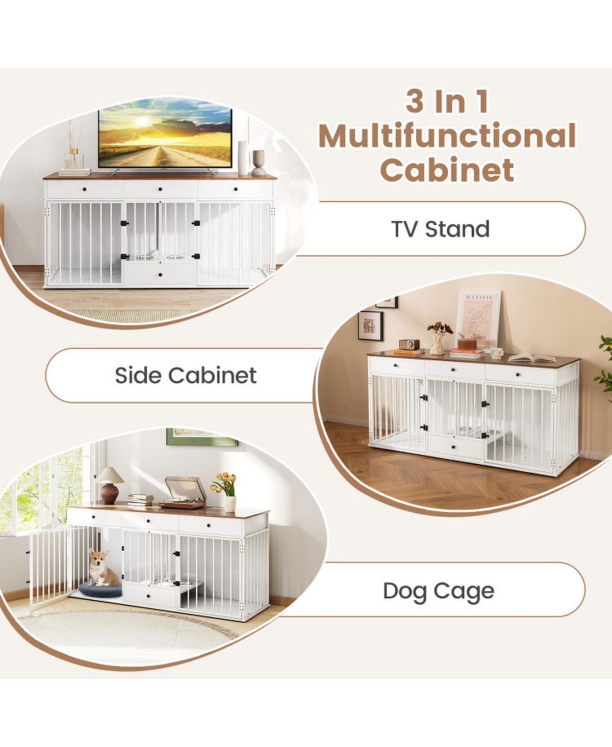 Hongge 71 in Double Dog Crate Tv Stand Featuring 3 Drawers