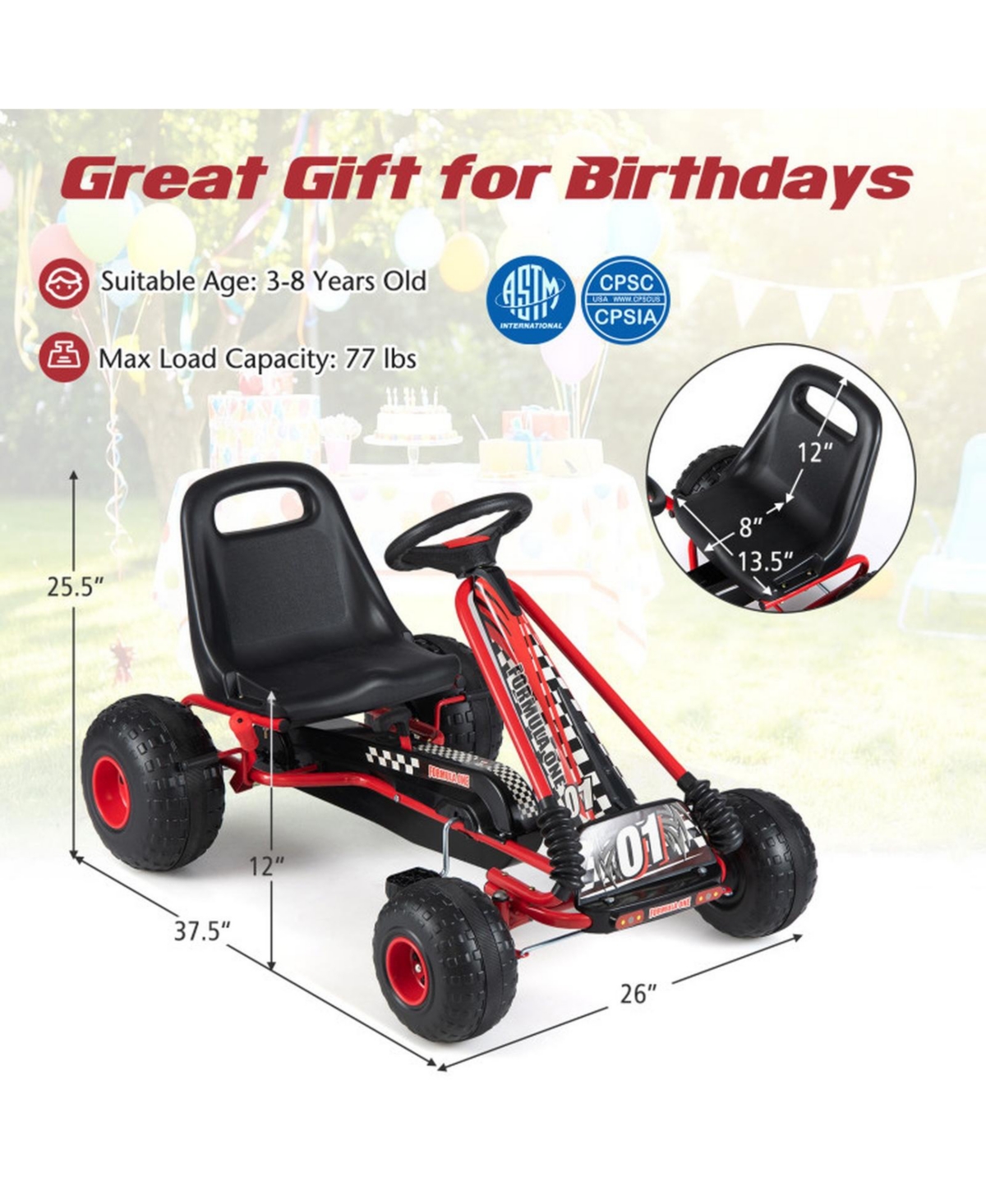 Hongge Pedal Go Kart with Adjustable Seat, Hand Brake and All-Terrain Wheels, 77 lb Capacity, Ages 3-8