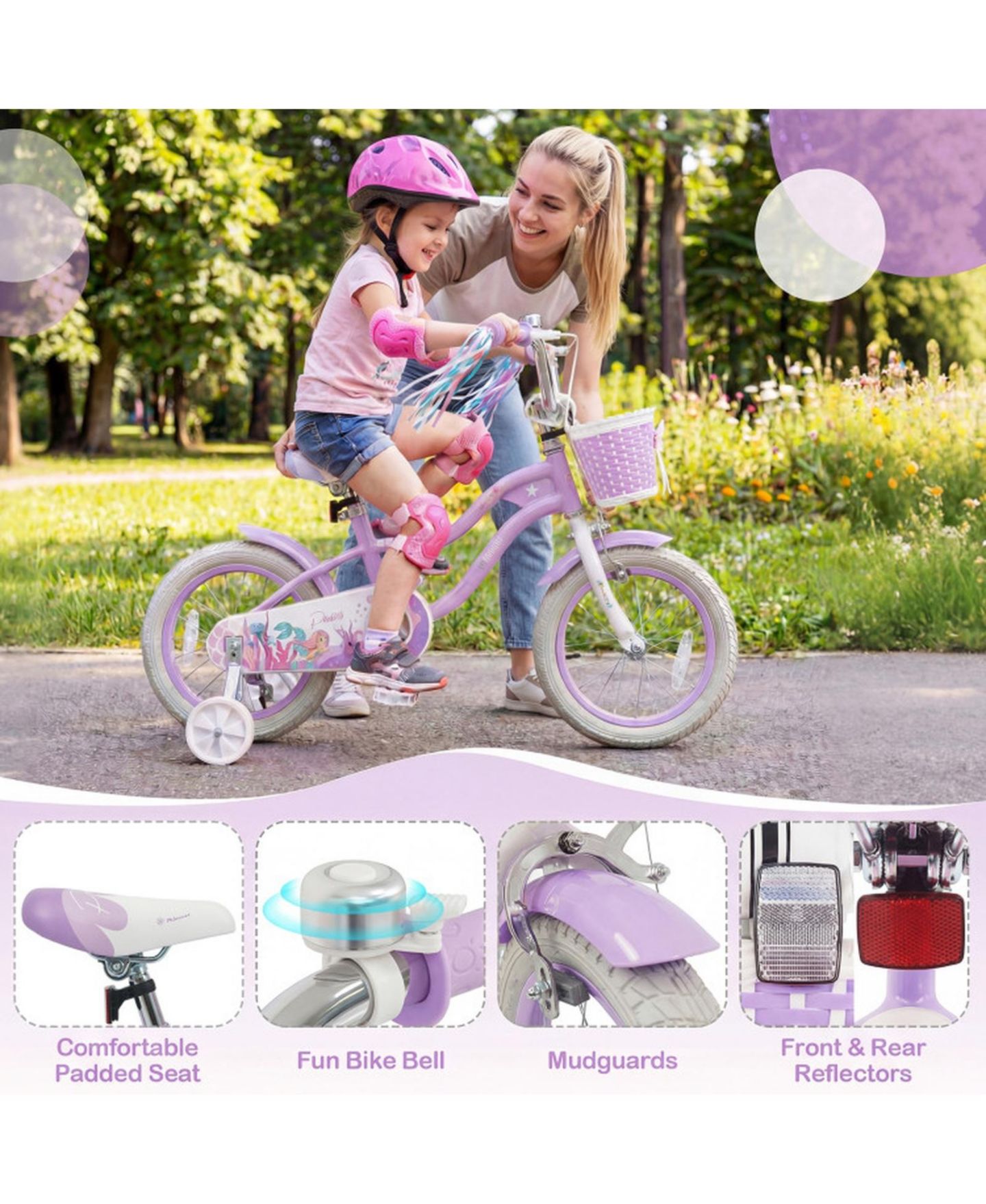 Детская игрушка HONGGE 14-Inch Kids Bike with Training Wheels and Pneumatic Tyres, 110 lb Capacity, Ages 3-5, цвет: Фиолетовый — фото 9