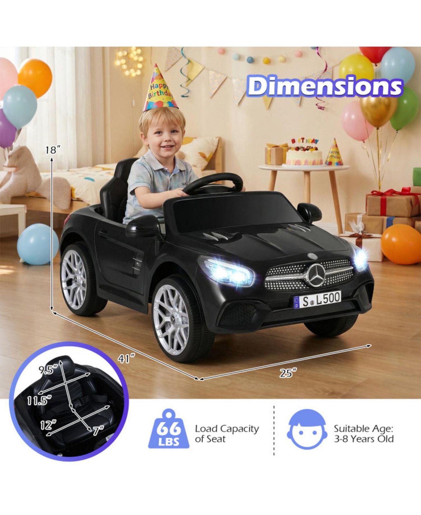 Детская игрушка HONGGE 12V Licensed Ride-On Luxury Car with Parent Remote Control, 41" x 25" x 18", 66 lbs, Ages 3-8, цвет: Чёрный — фото 3
