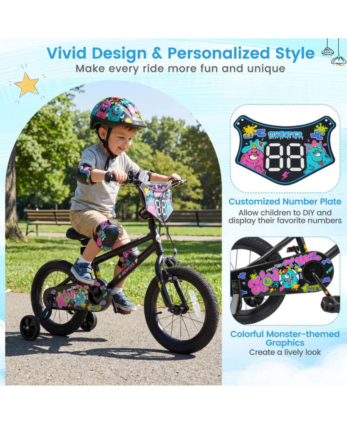 Детская игрушка HONGGE 14-Inch Kids Bike with Detachable Training Wheels and Dual Brakes, Ages 3-5, цвет: Чёрный — фото 7