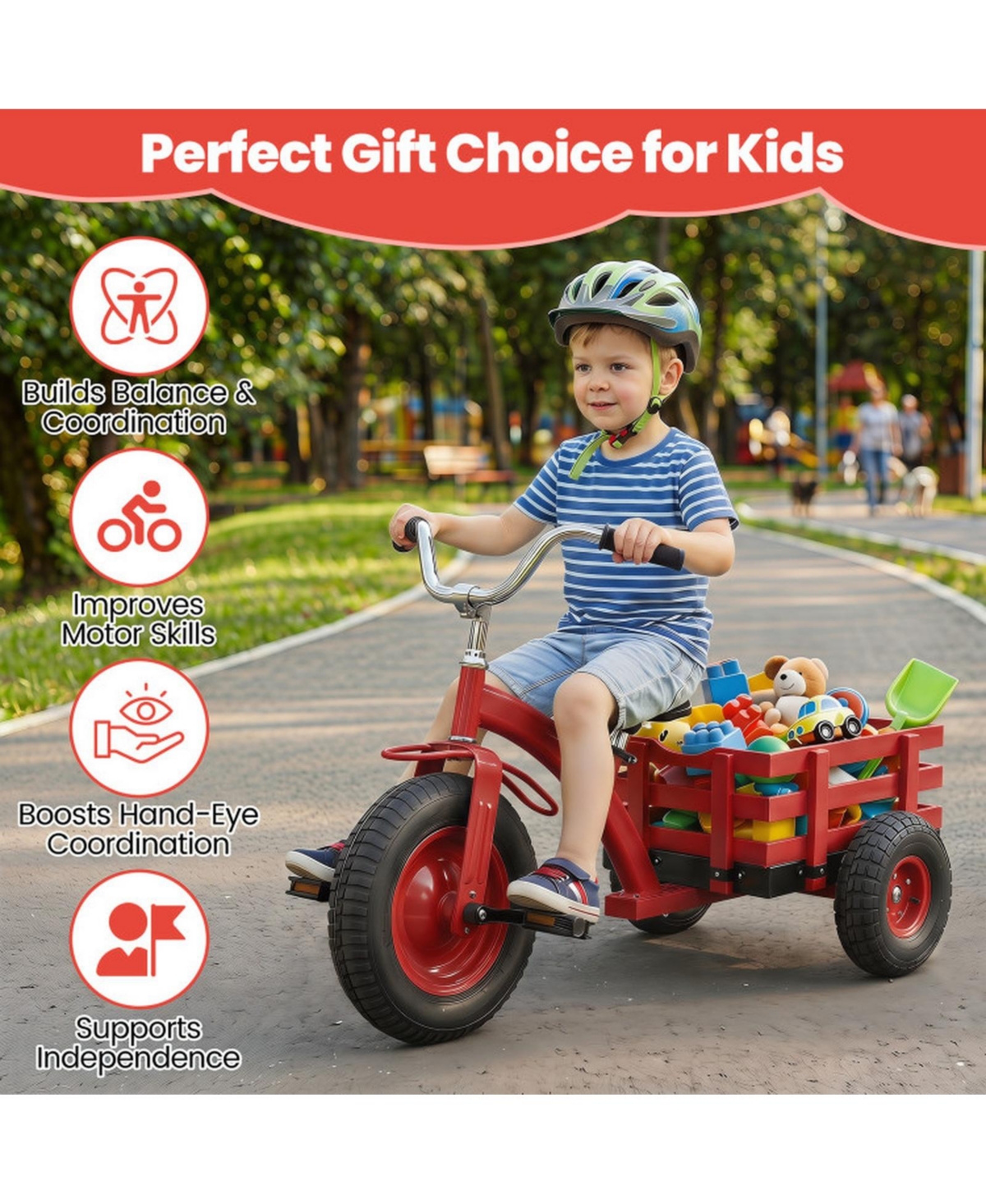 Hongge 3-Wheel Tricycle with Adjustable Seat & Rear Storage Basket, 15 in Inflatable Rubber Tires, Ages 3+