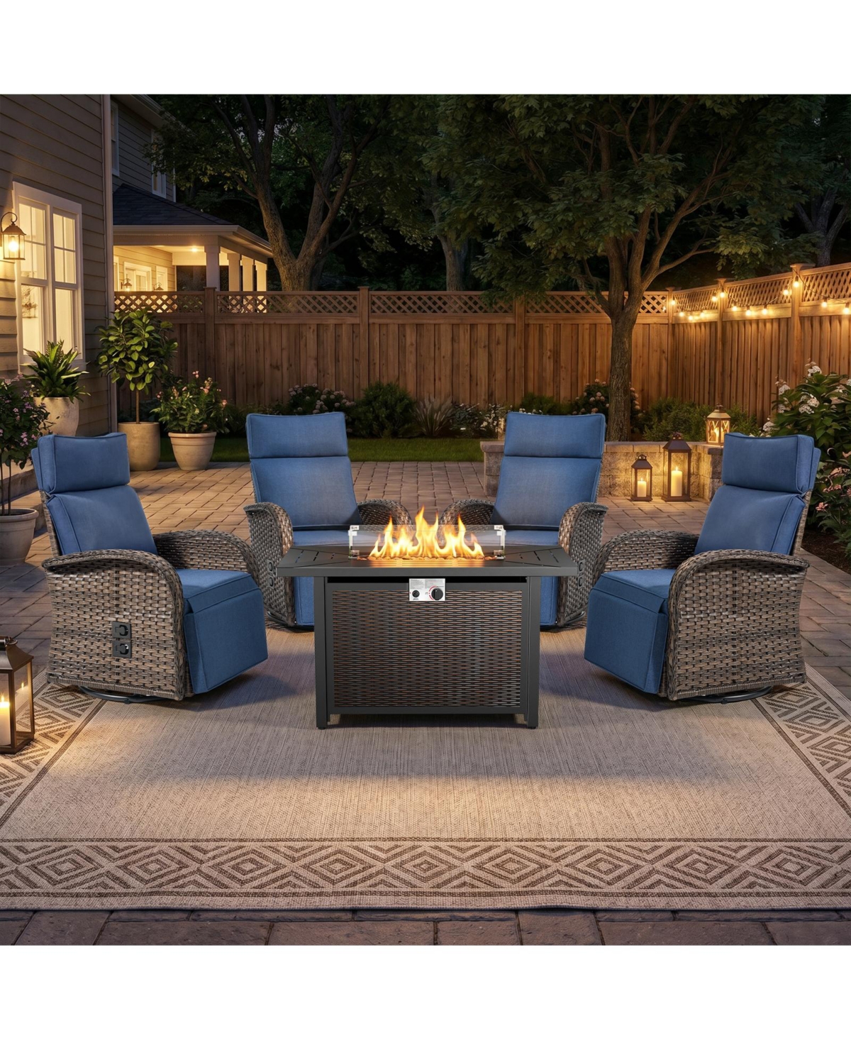Pocassy 5 Piece Patio Furniture Set with Propane Firepit Table, 4Piece Outdoor Swivel Recliner Chairs and 43inch Fire Table - Blue