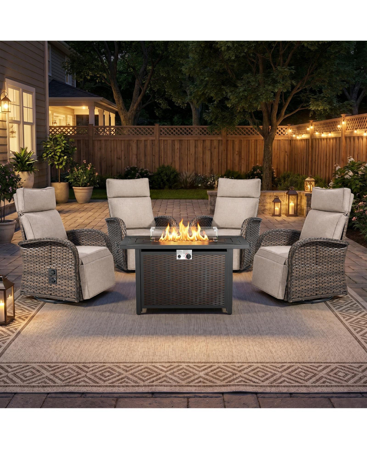 Pocassy 5 Piece Patio Furniture Set with Propane Firepit Table, 4Piece Outdoor Swivel Recliner Chairs and 43inch Fire Table - Beige