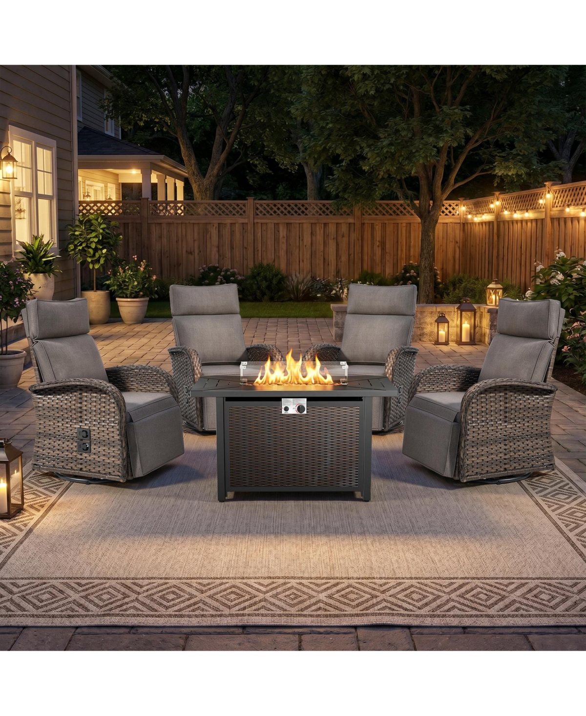 Pocassy 5 Piece Patio Furniture Set with Propane Firepit Table, 4Piece Outdoor Swivel Recliner Chairs and 43inch Fire Table - Grey