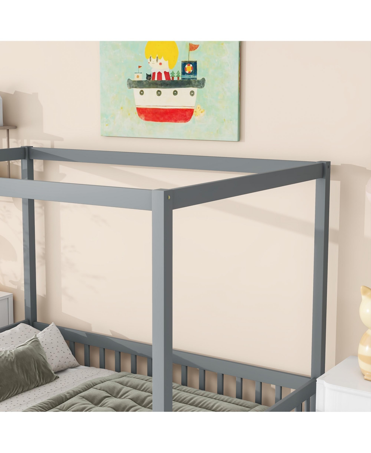 Sailvan Canopy Frame Rubber Wood Floor Bed with Fence, Guardrails