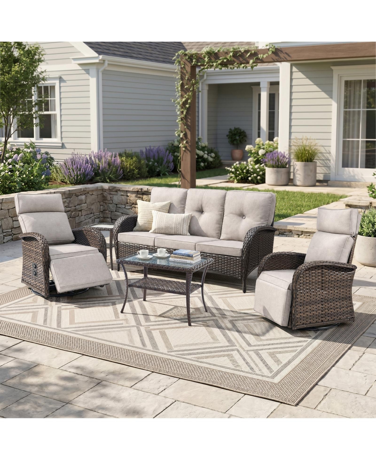 Pocassy 5 Piece Wicker Patio Furniture Set with Outdoor Swivel Recliner Chair, All-Weather Conversation